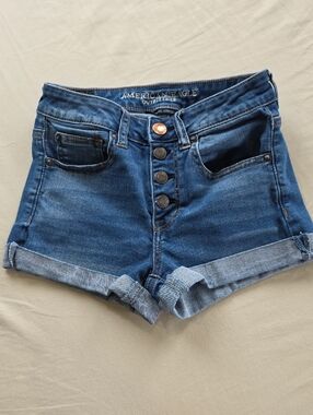American Eagle Outfitters Dark Blue High-Rise Button-Fly Denim Shorts
